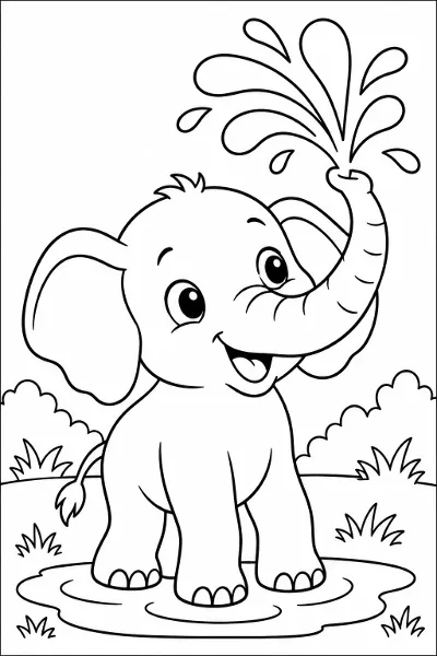 A baby elephant spraying water coloring page