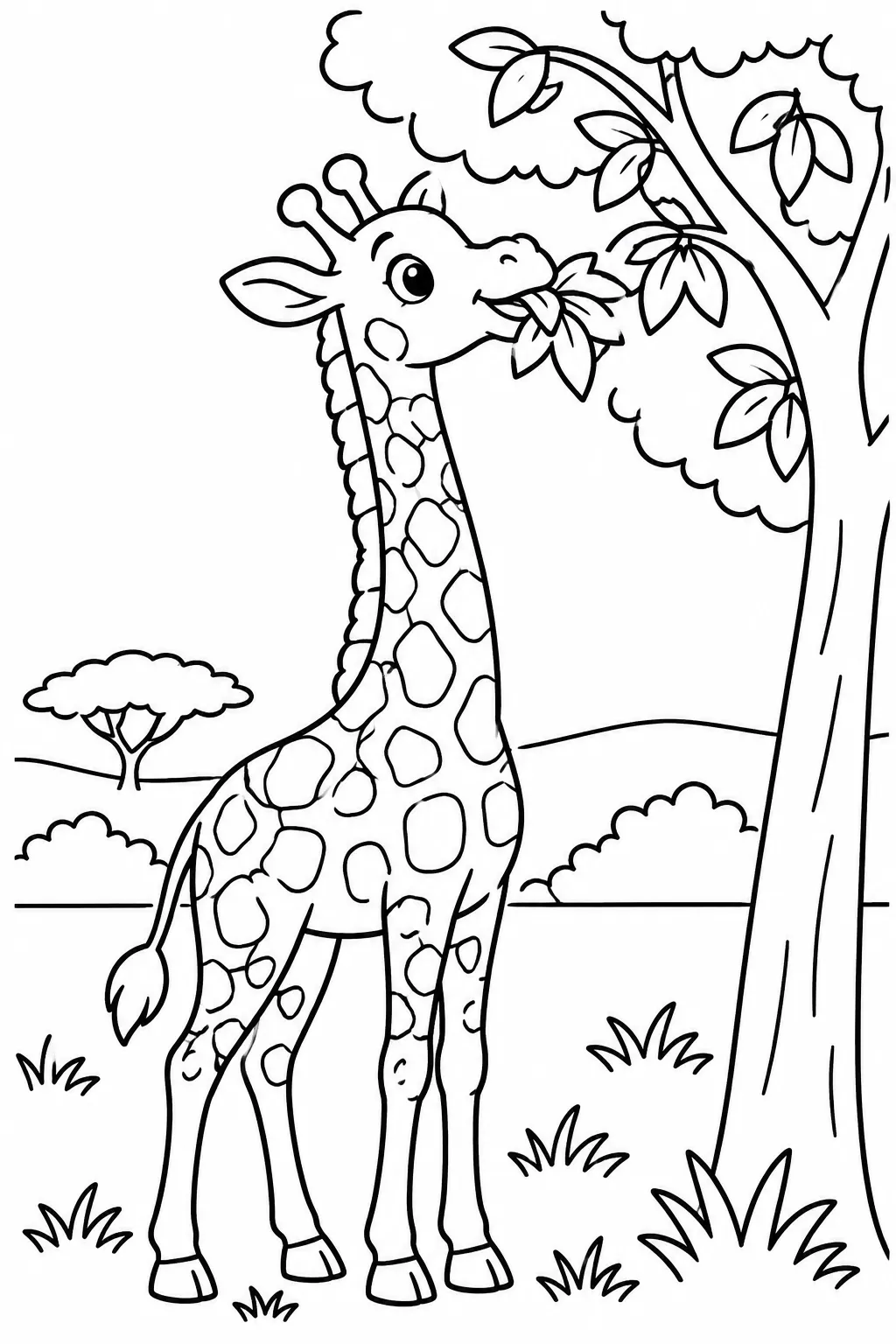 A giraffe eating leaves from a tall tree coloring page