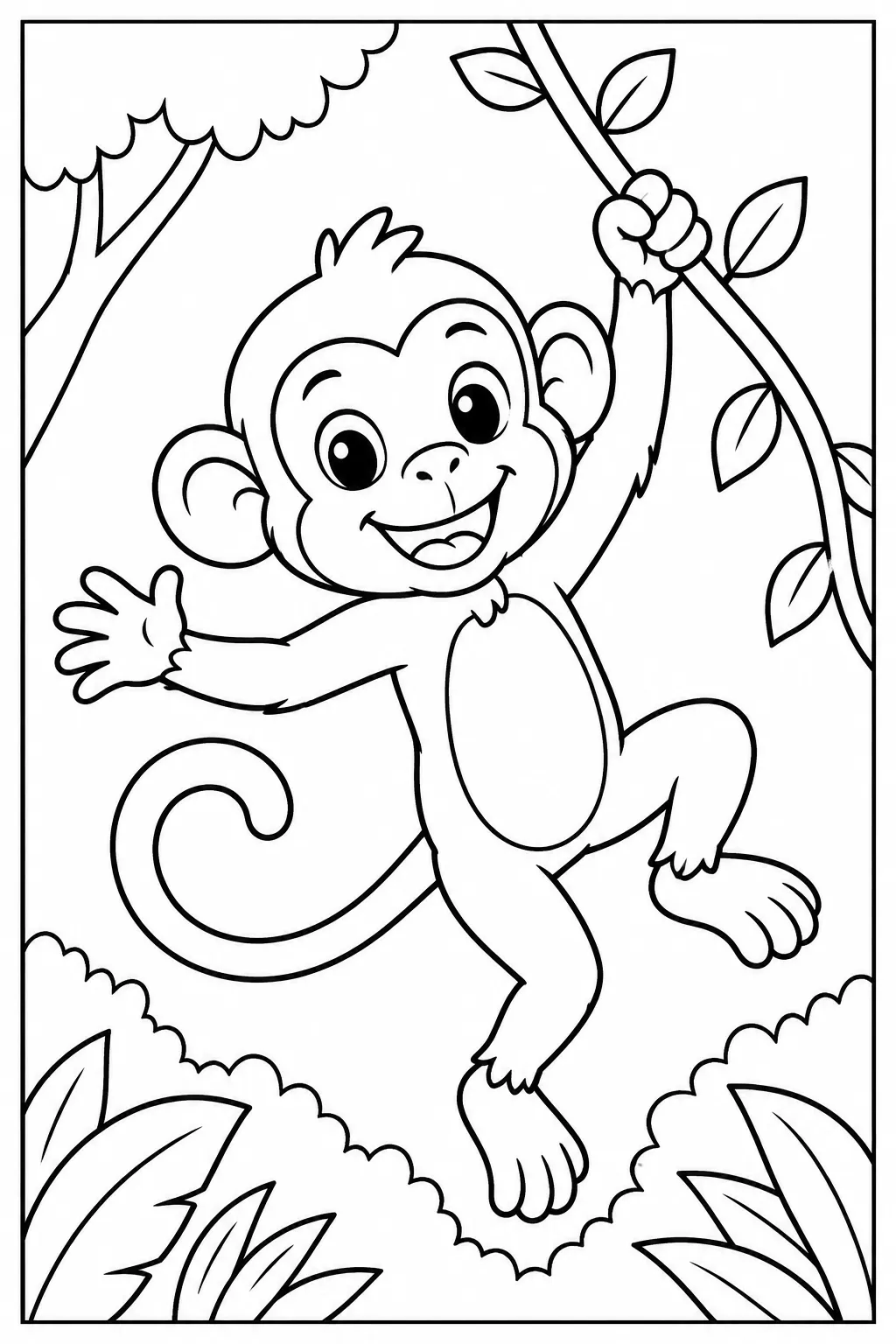 A monkey swinging on a vine coloring page