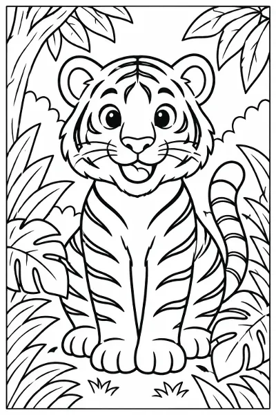 A tiger in the jungle leaves coloring page