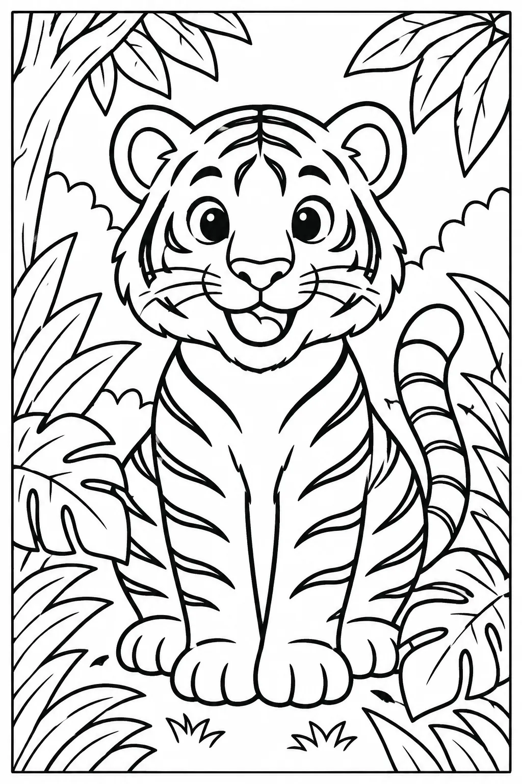 A tiger in the jungle leaves coloring page