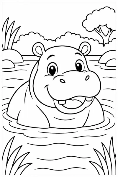 A hippo in the river coloring page