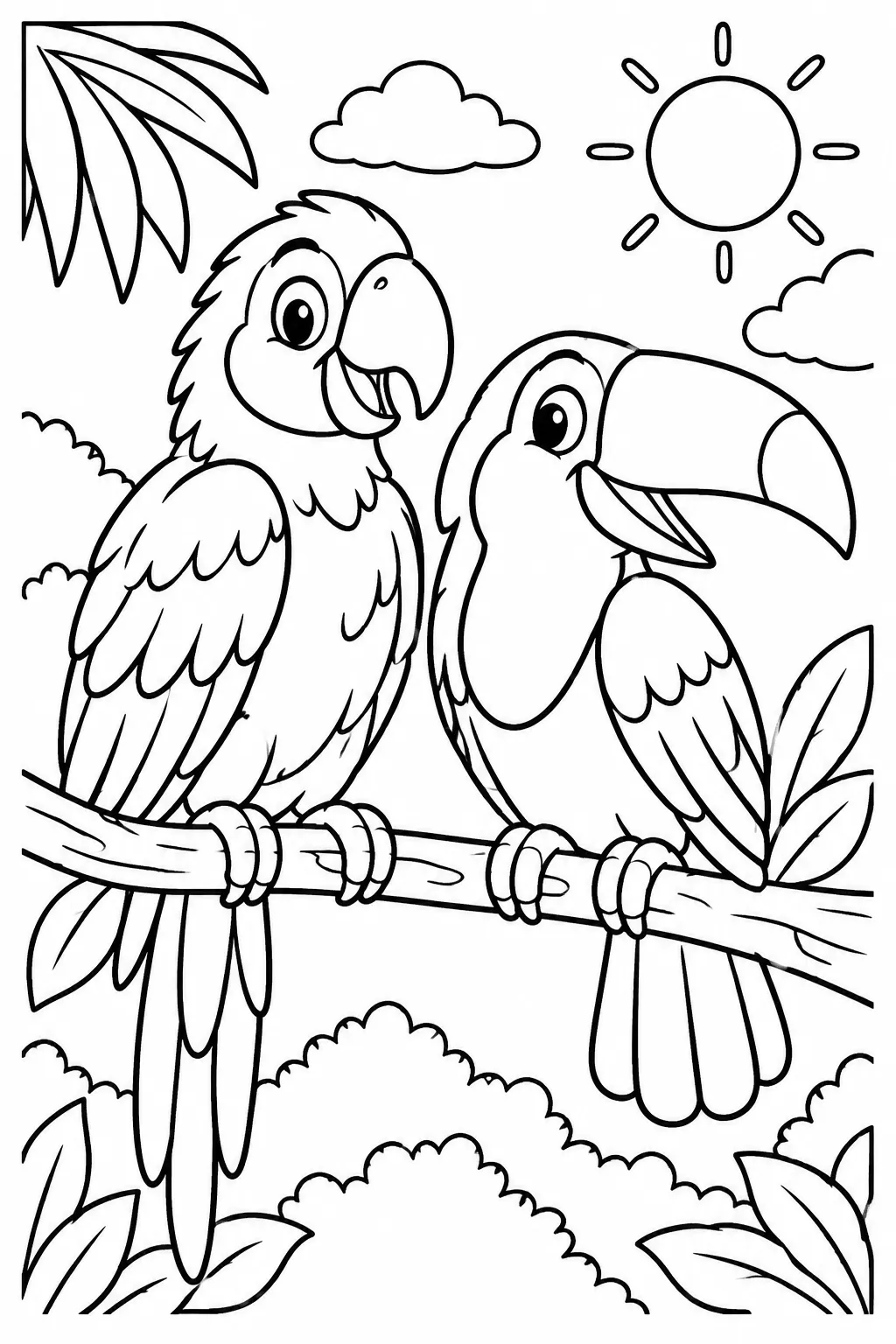 A parrot and a toucan on a branch coloring page