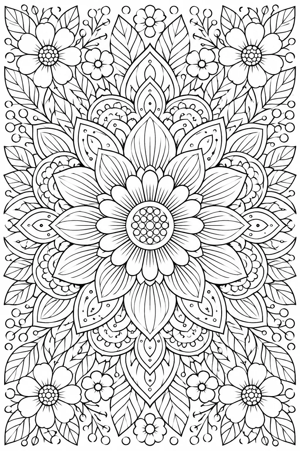 A detailed mandala of flowers coloring page