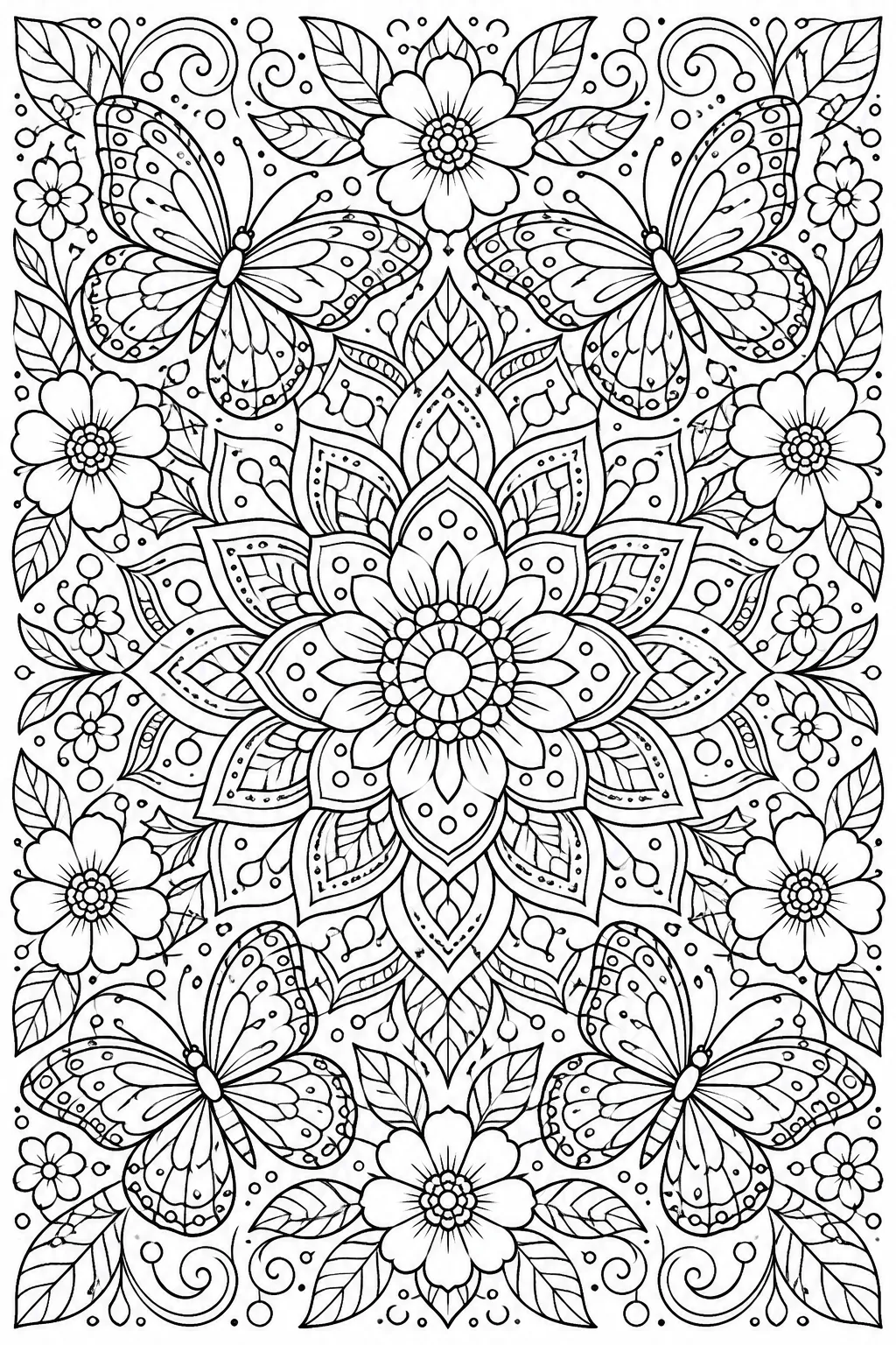 A mandala with butterflies coloring page