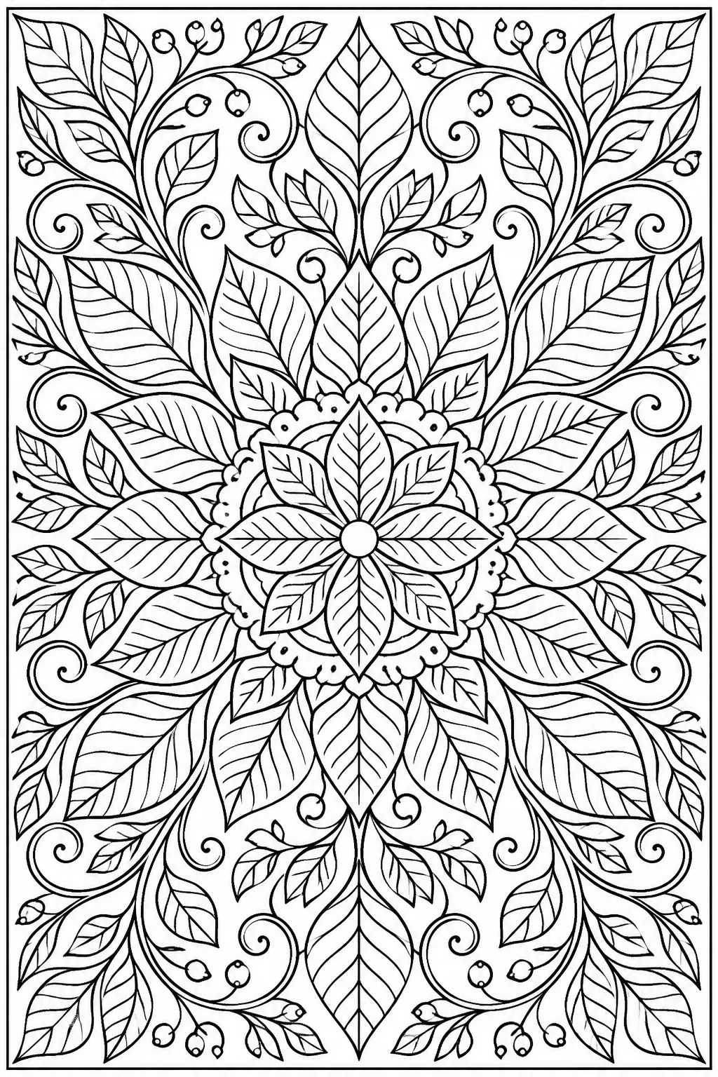 A mandala of leaves and vines coloring page