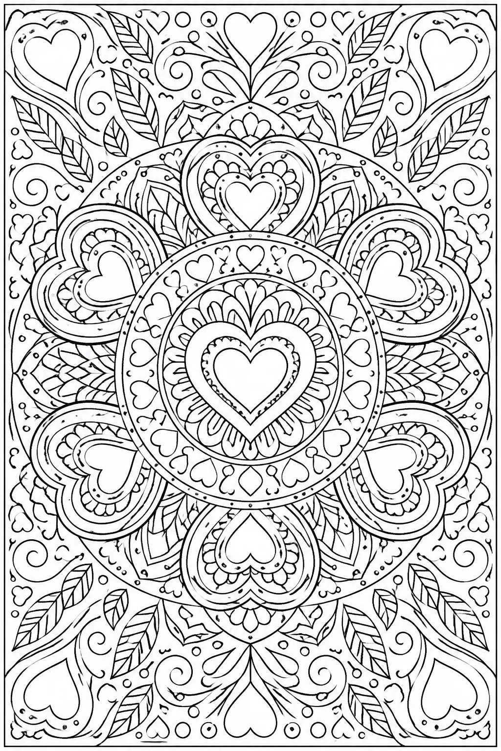 A mandala with hearts coloring page