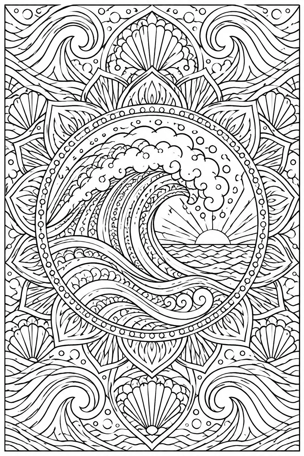 An ocean wave mandala coloring page