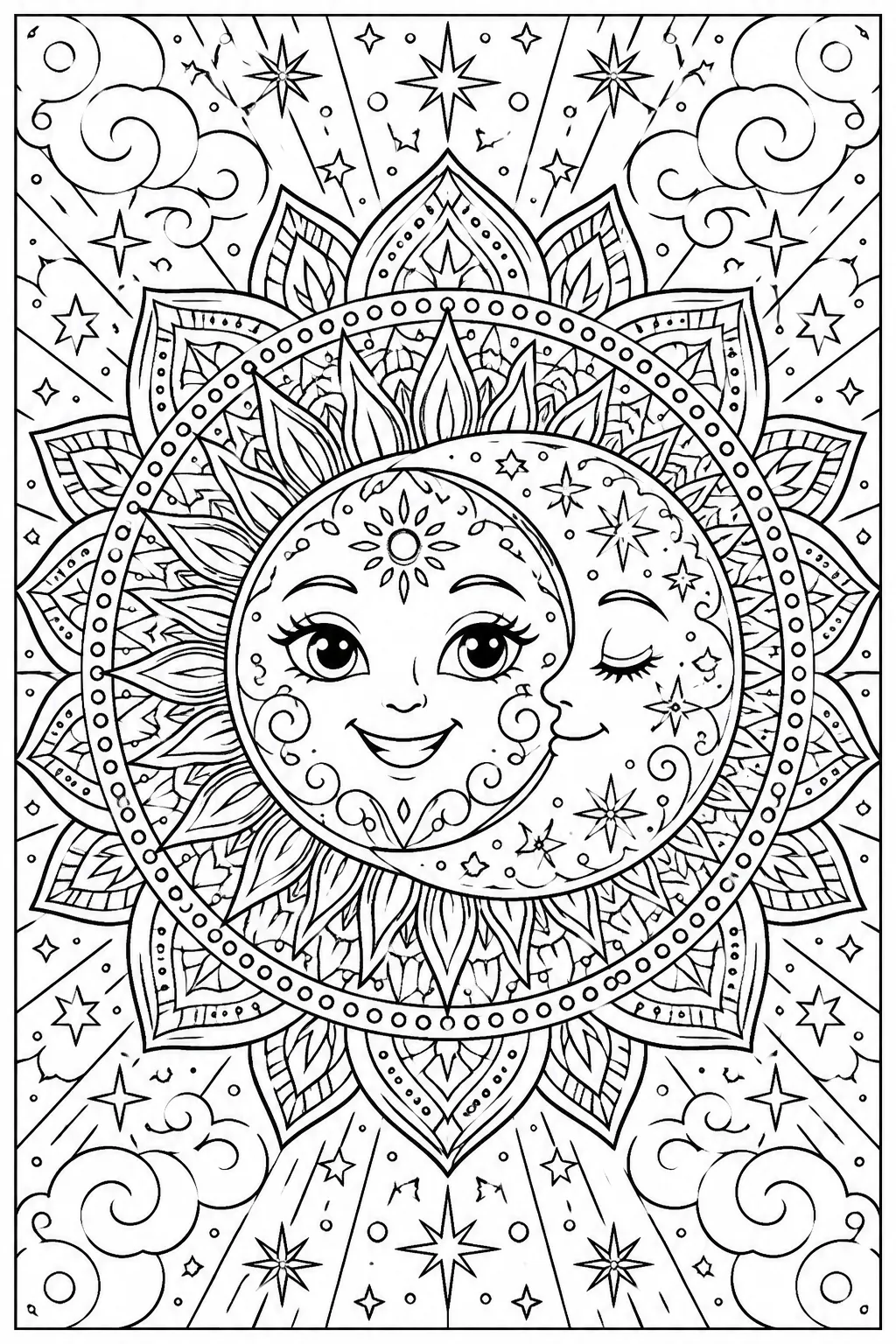 A sun and moon mandala coloring page