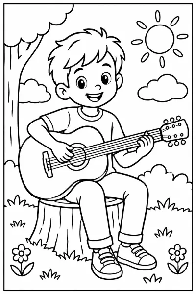 A kid playing the guitar coloring page