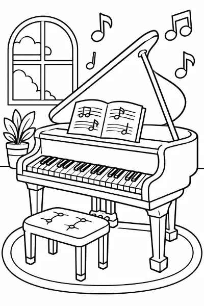 A piano with music notes coloring page