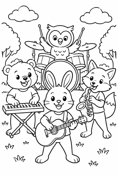 Animals playing in a band coloring page