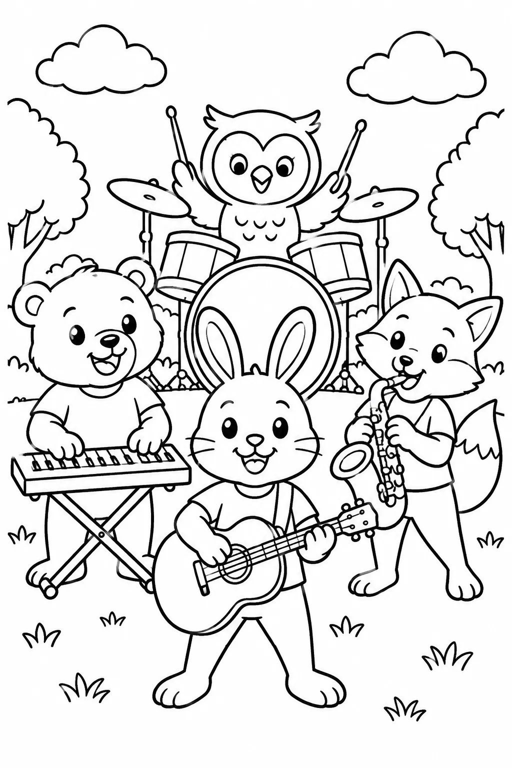 Animals playing in a band coloring page