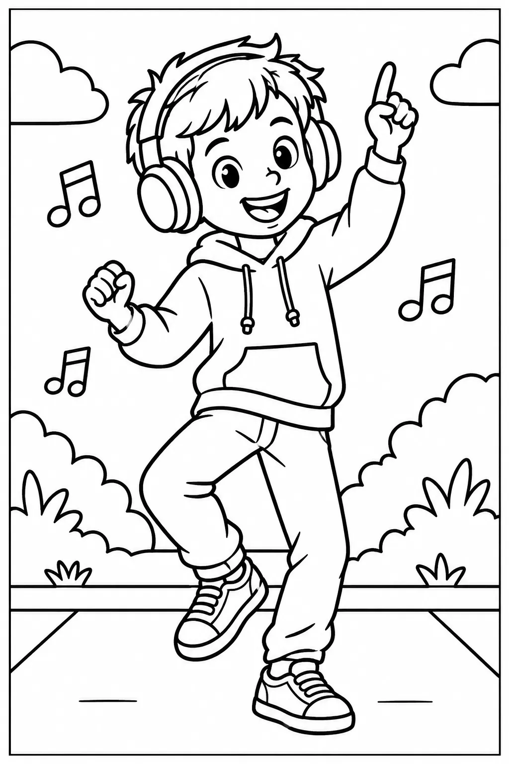 A dancing kid with headphones coloring page