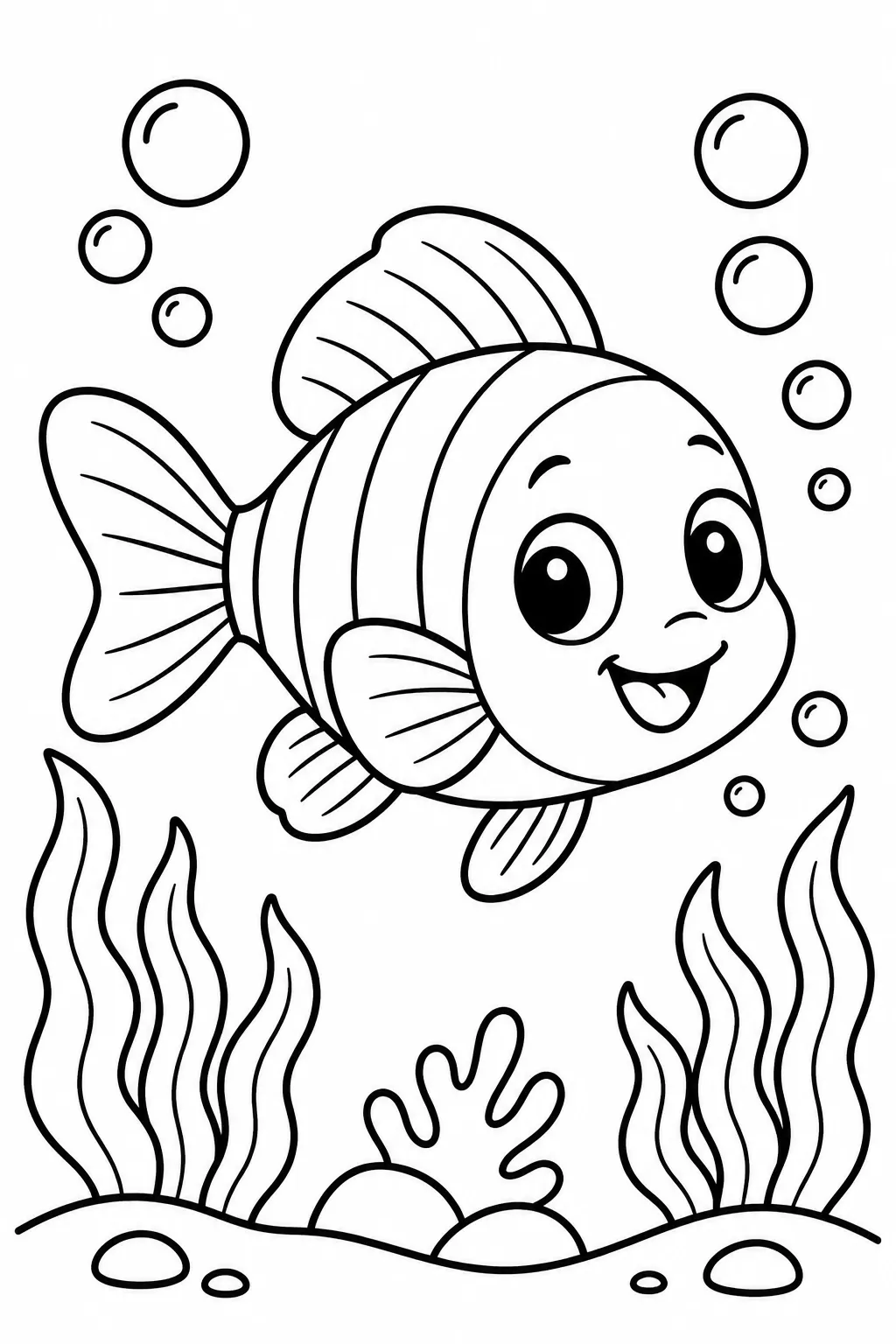 A smiling fish with bubbles and seaweed coloring page