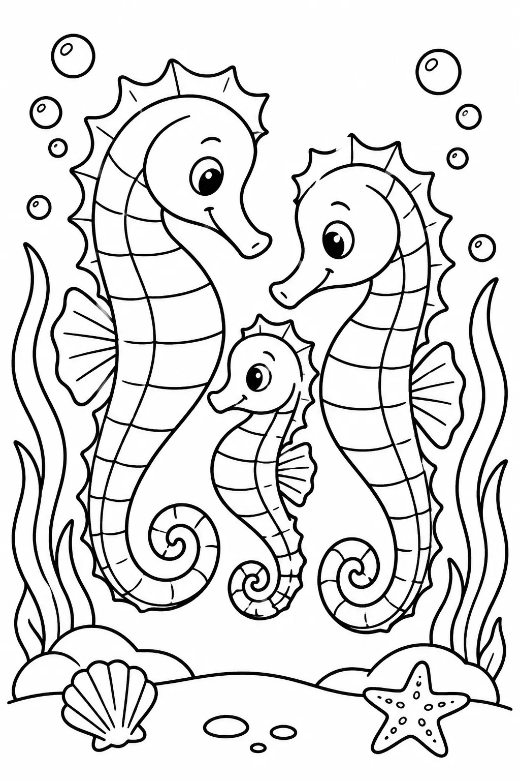 A seahorse family coloring page