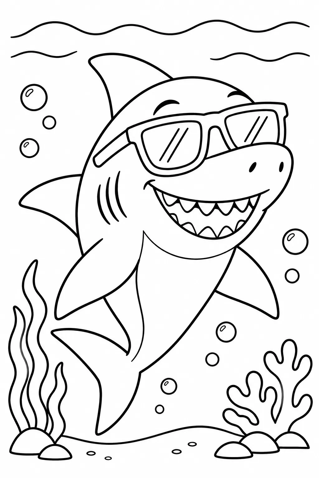 A shark wearing sunglasses coloring page