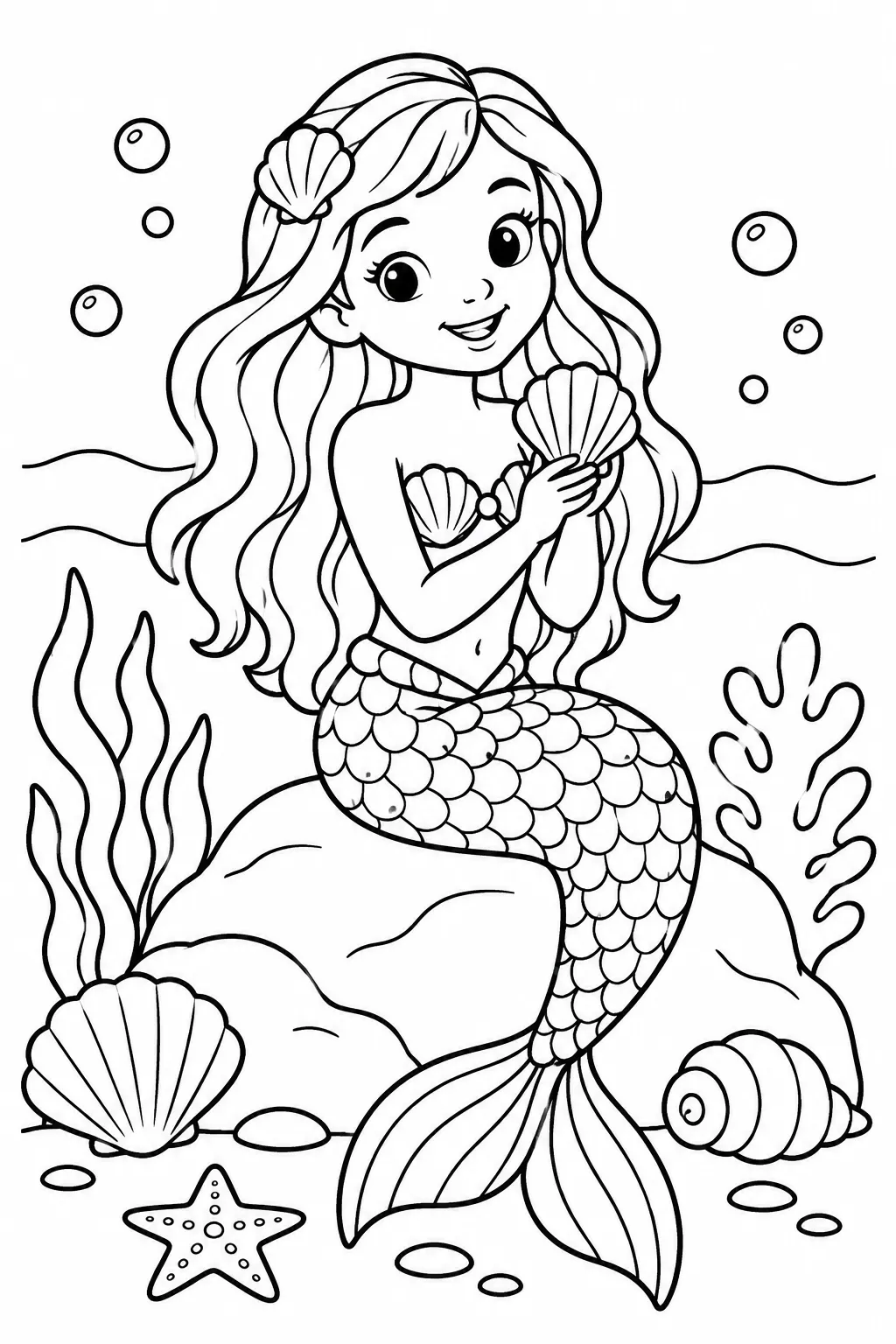 A mermaid with seashells coloring page