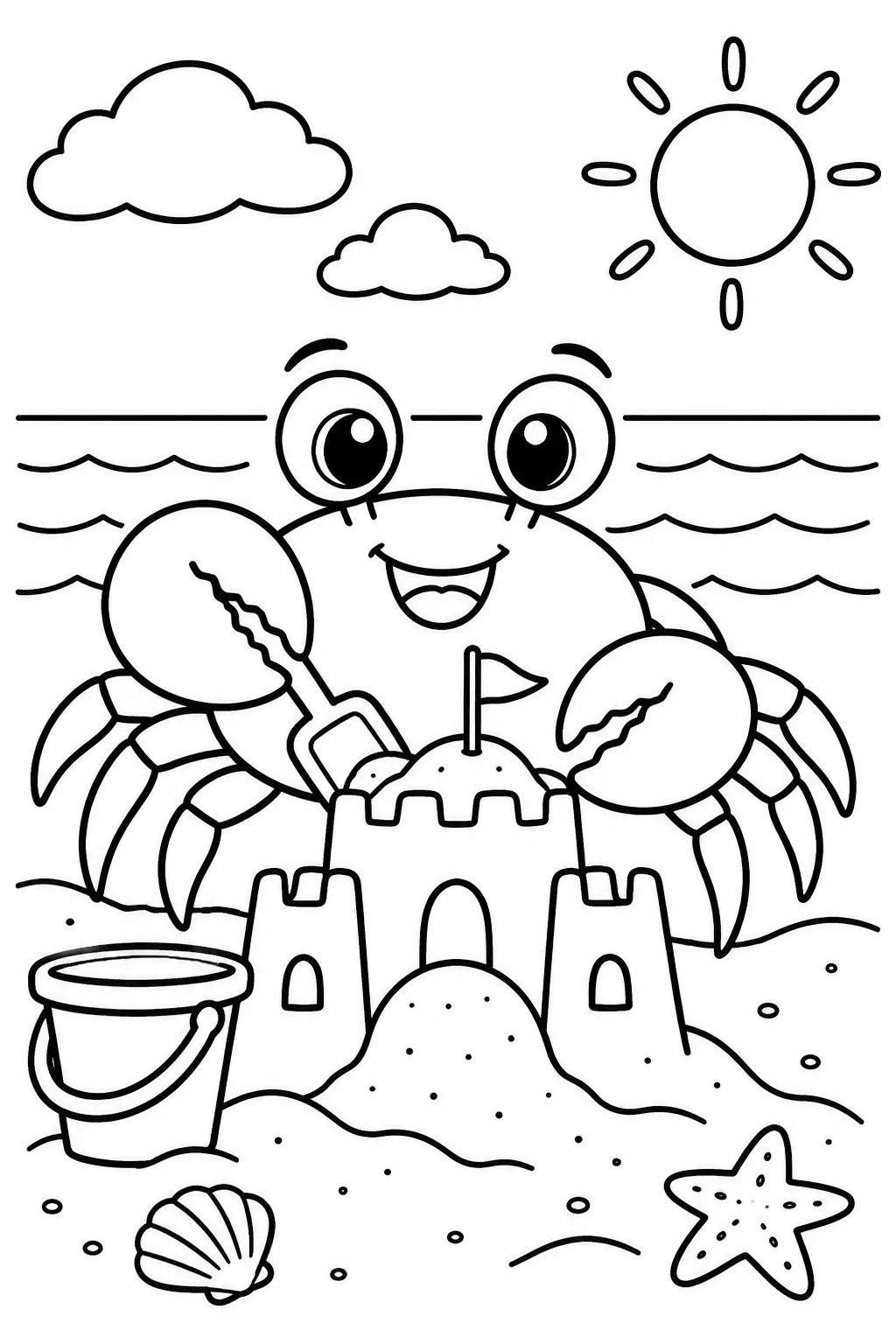 A crab building a sandcastle coloring page