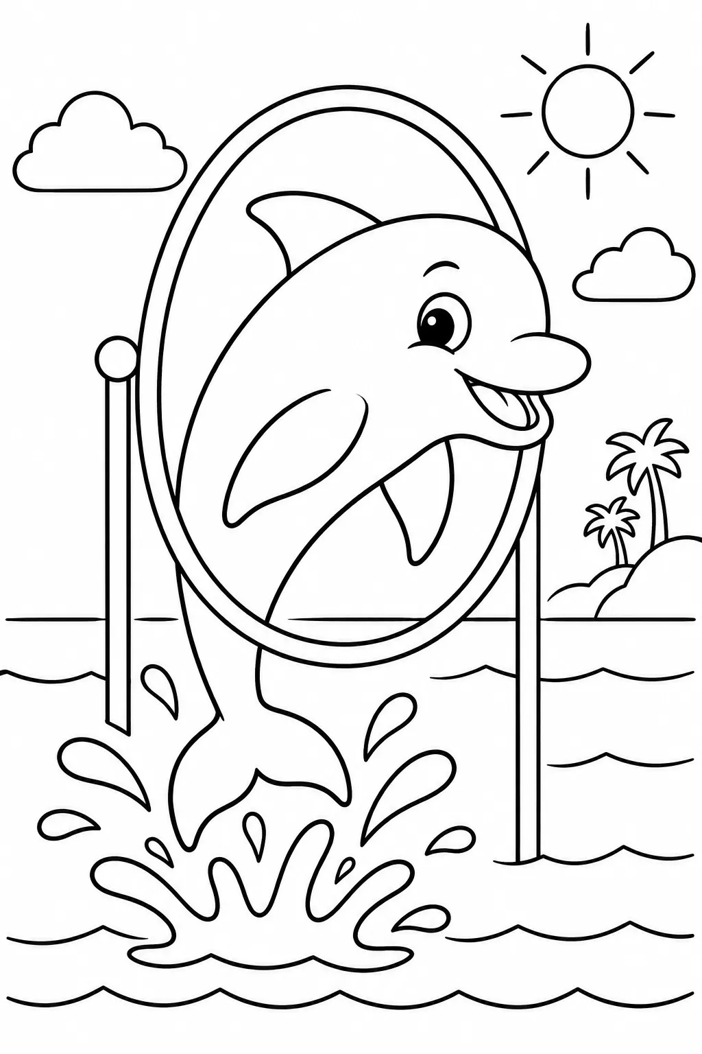 A dolphin jumping through a hoop coloring page