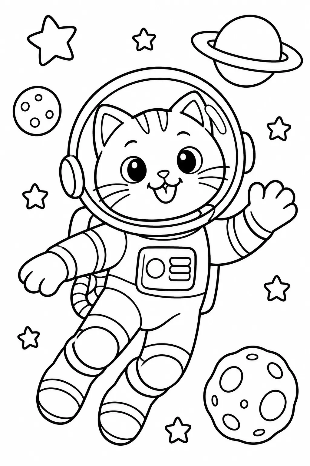 A cat astronaut floating in space coloring page