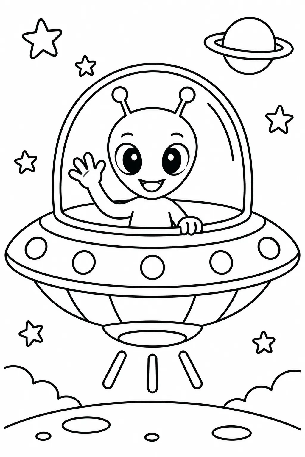 An alien waving from a flying saucer coloring page