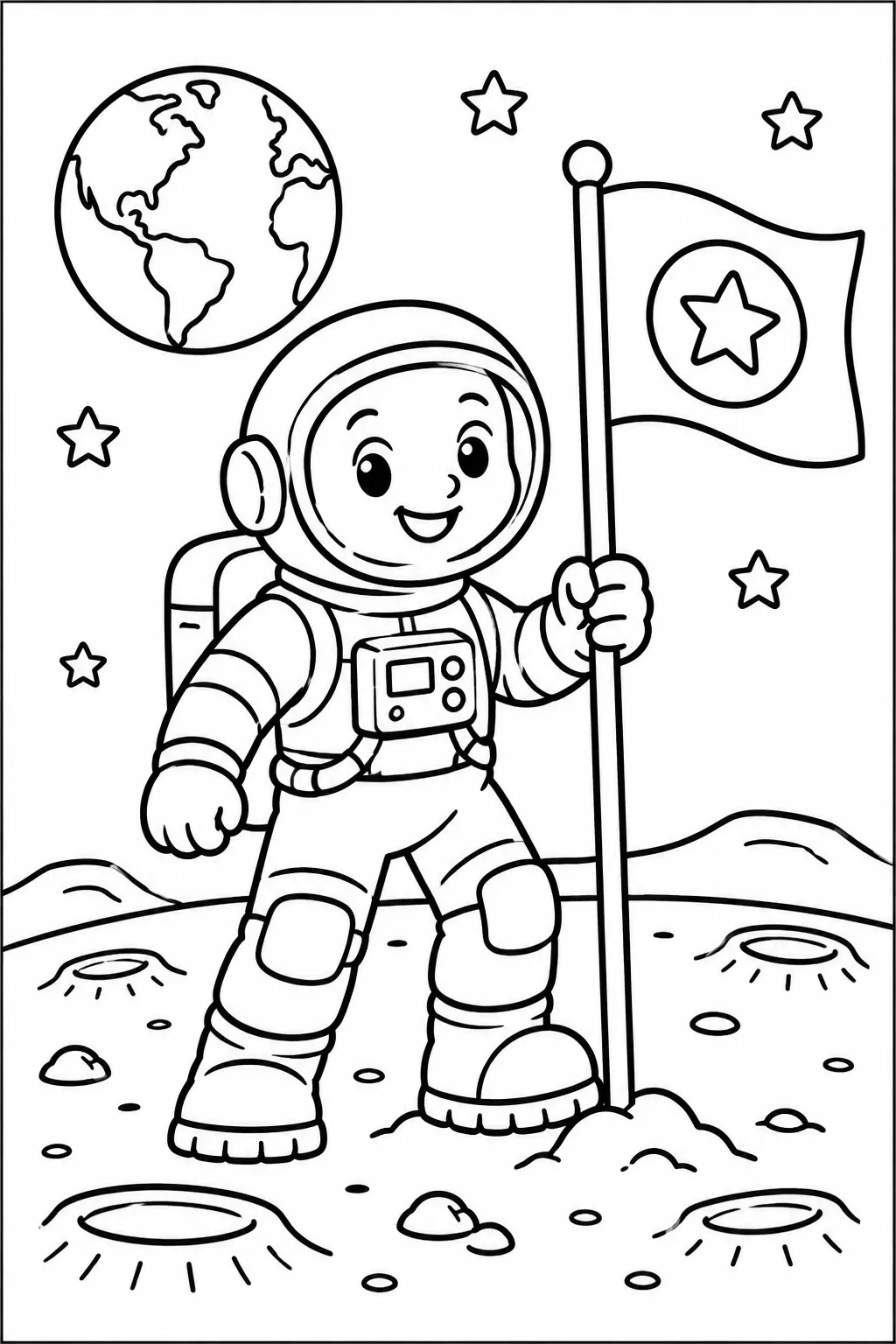 An astronaut planting a flag on the moon coloring page