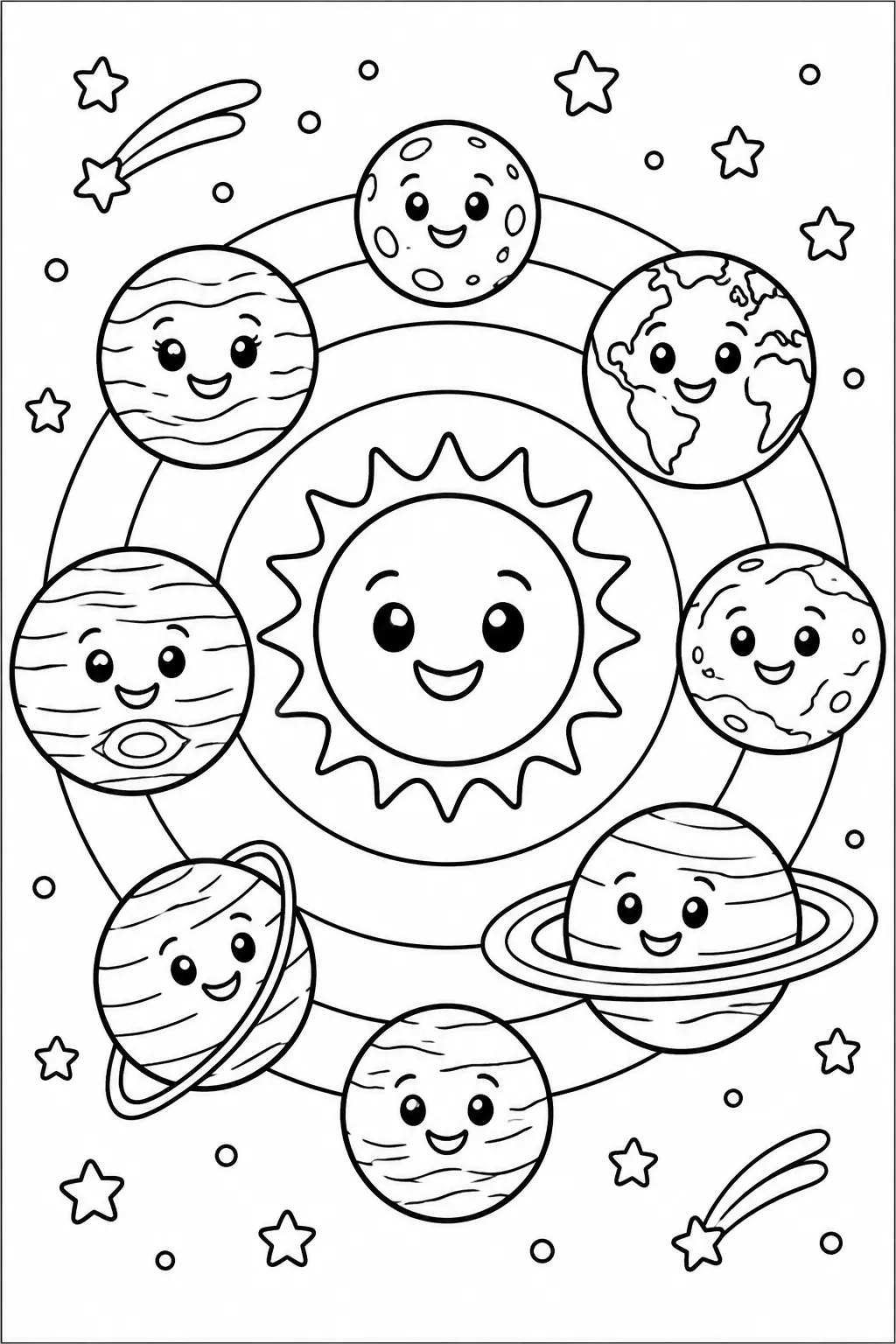 The solar system with smiling planets coloring page