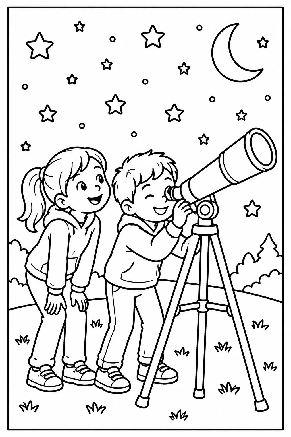Kids looking through a telescope at the stars coloring page