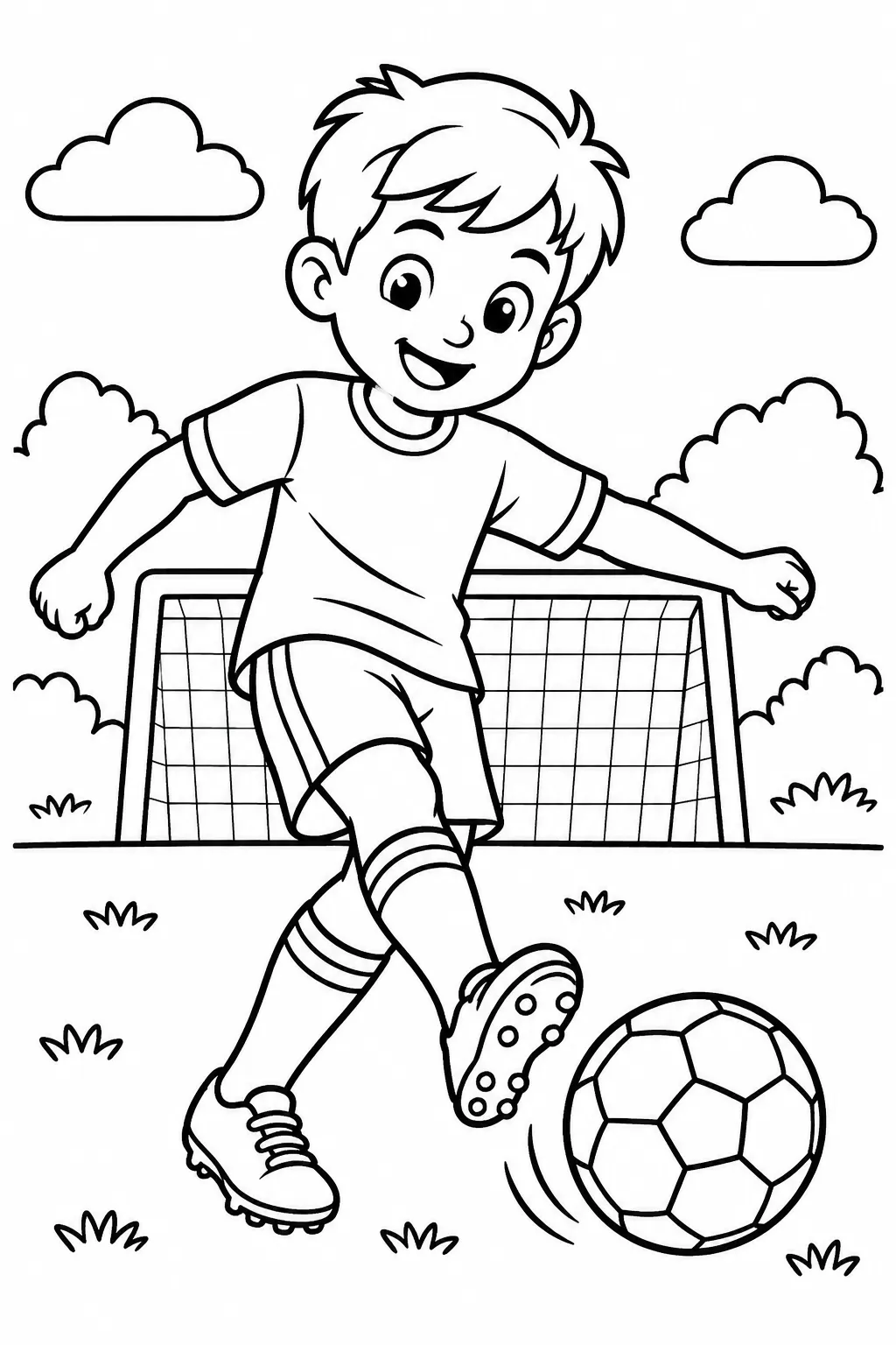 A kid kicking a soccer ball coloring page