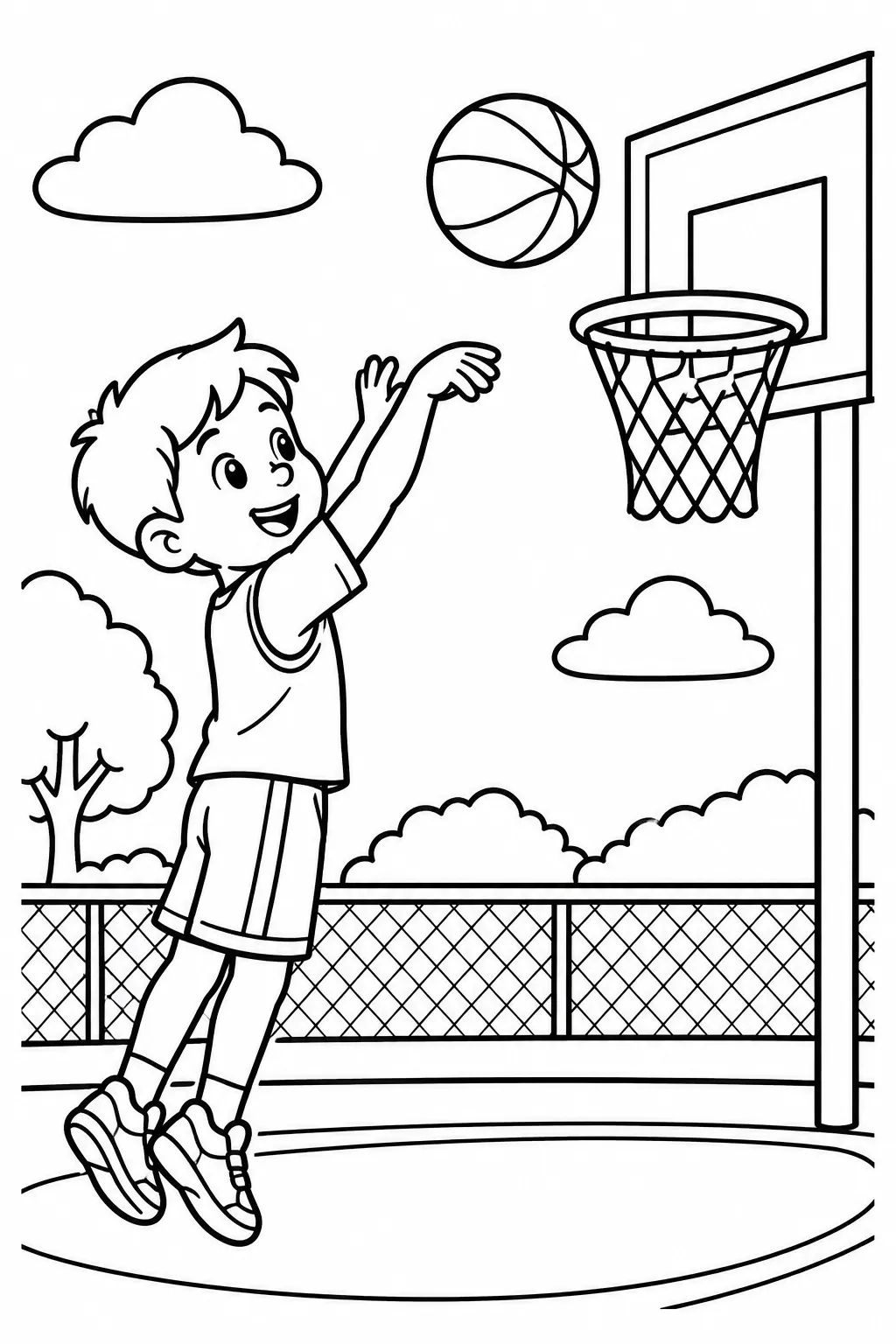 A kid shooting a basketball coloring page