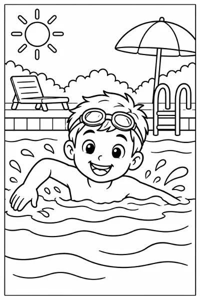 A kid swimming in a pool coloring page