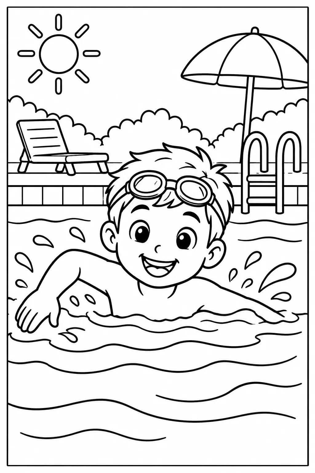 A kid swimming in a pool coloring page
