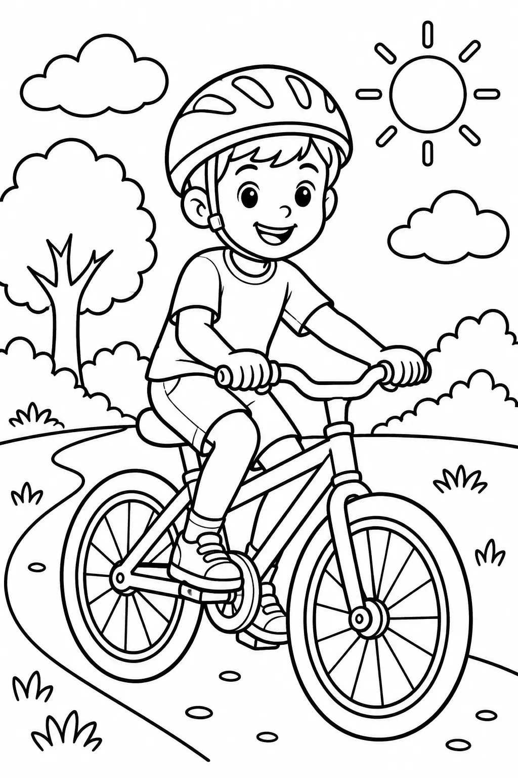 A kid riding a bike coloring page