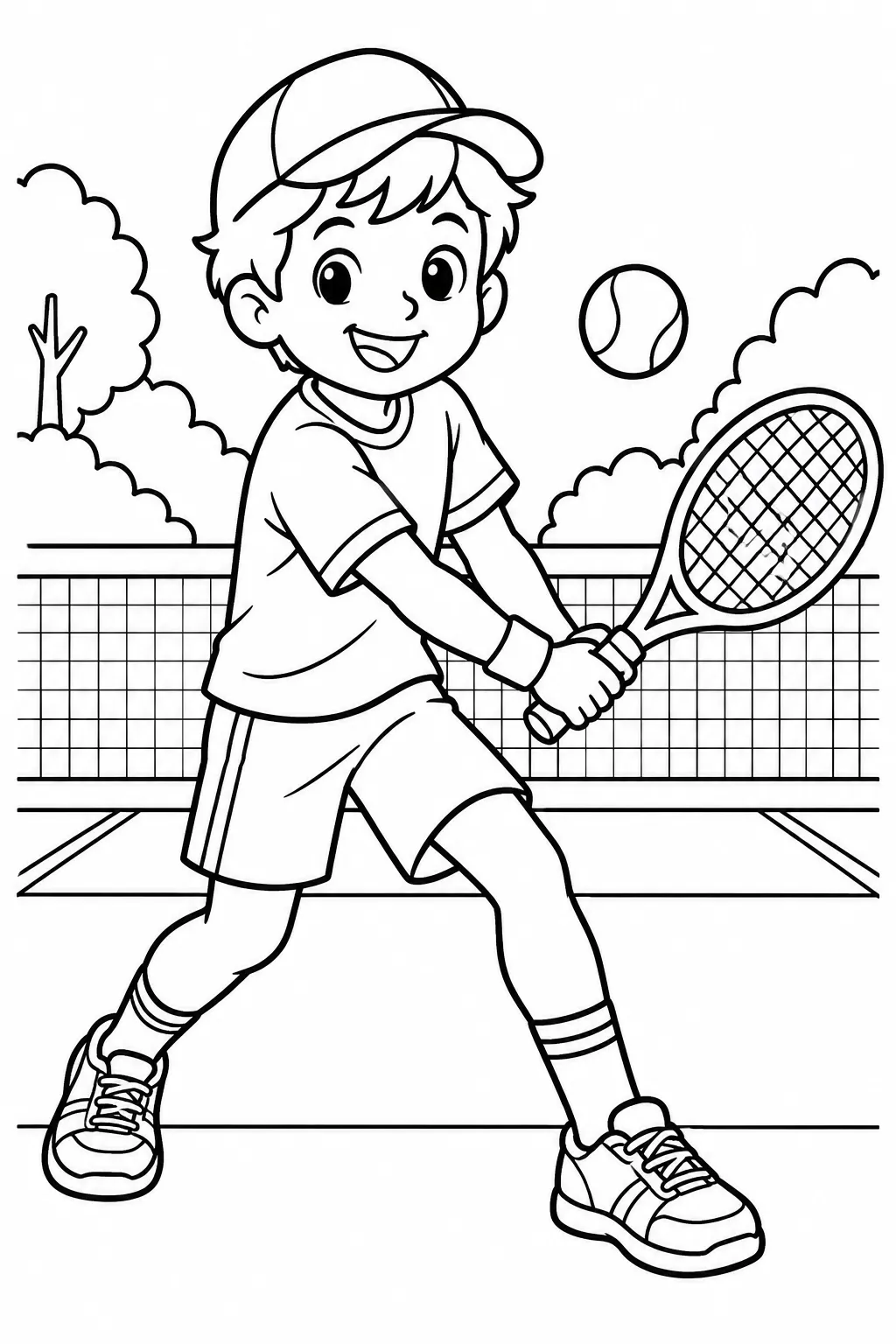 A kid playing tennis coloring page