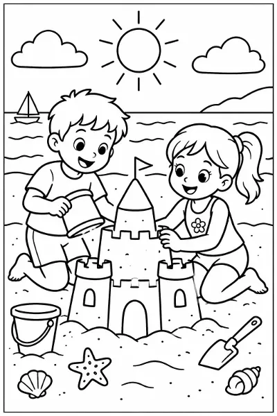 Kids building a sandcastle on the beach coloring page