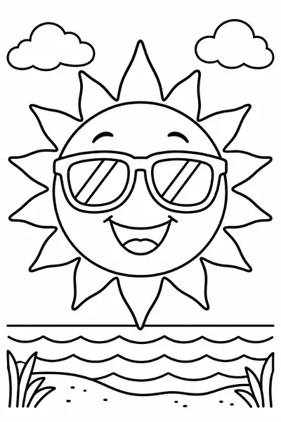 A sun wearing sunglasses coloring page
