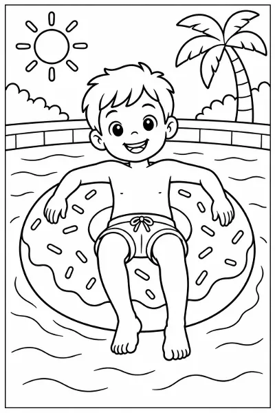 A kid floating in a pool on a donut float coloring page