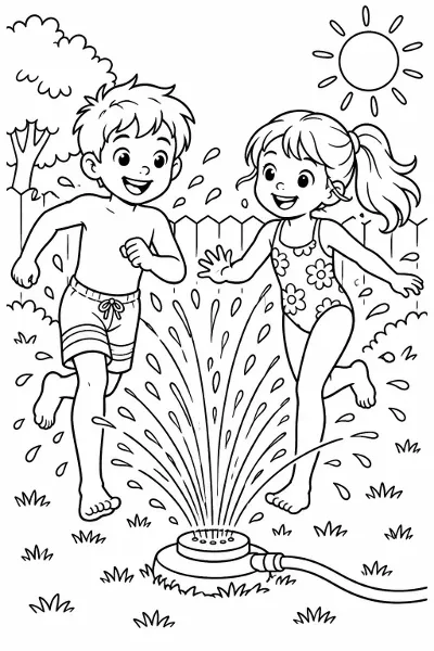 Kids running through a sprinkler coloring page