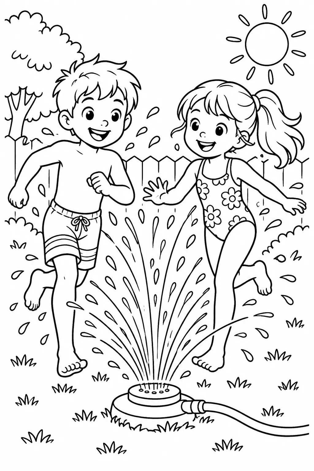 Kids running through a sprinkler coloring page