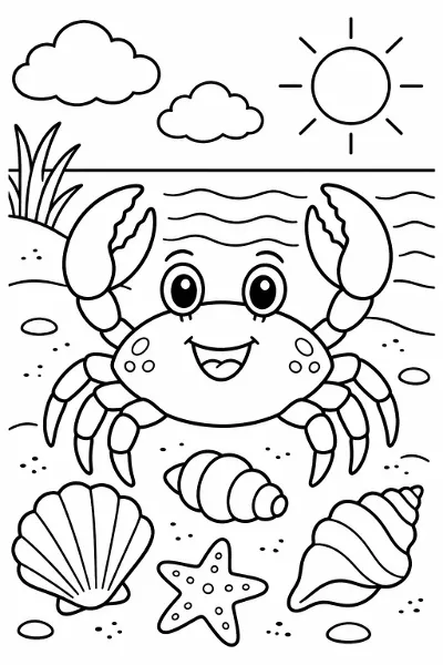 A crab and seashells on the beach coloring page