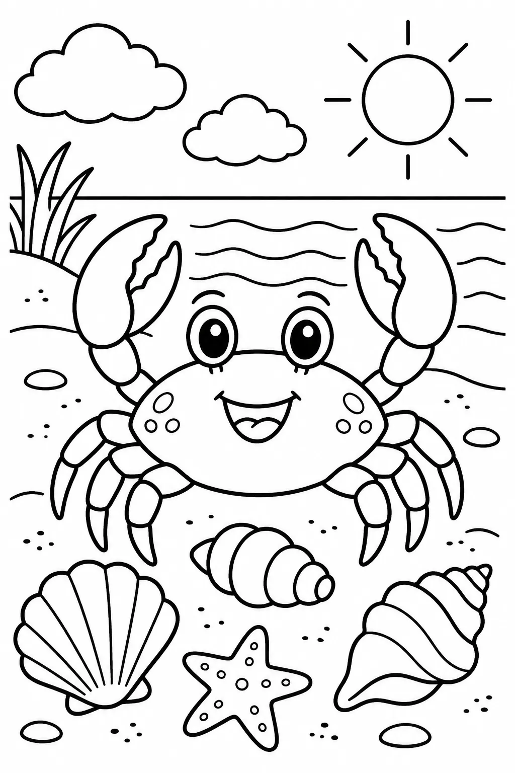 A crab and seashells on the beach coloring page