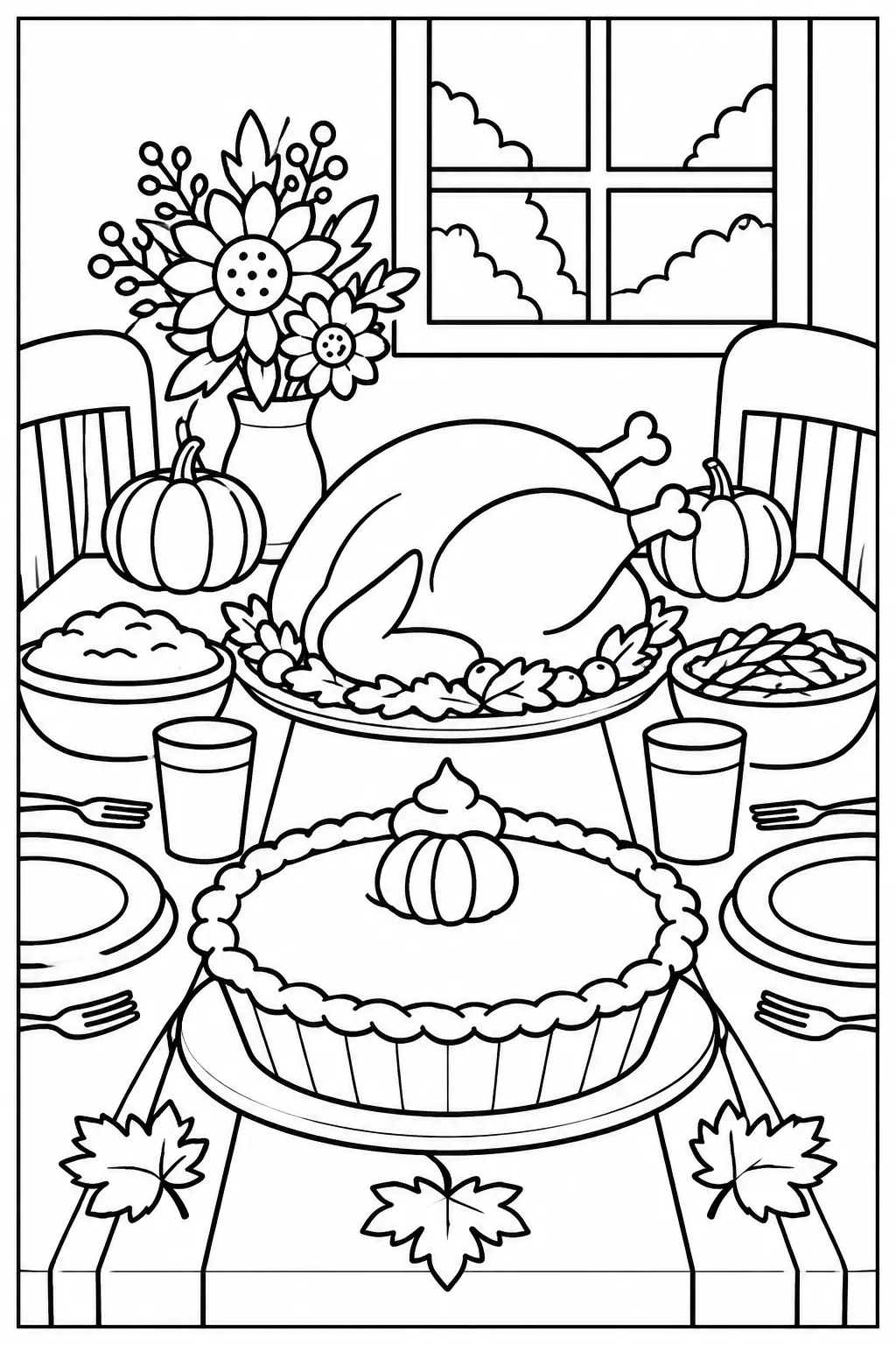 A Thanksgiving dinner table with pumpkin pie coloring page
