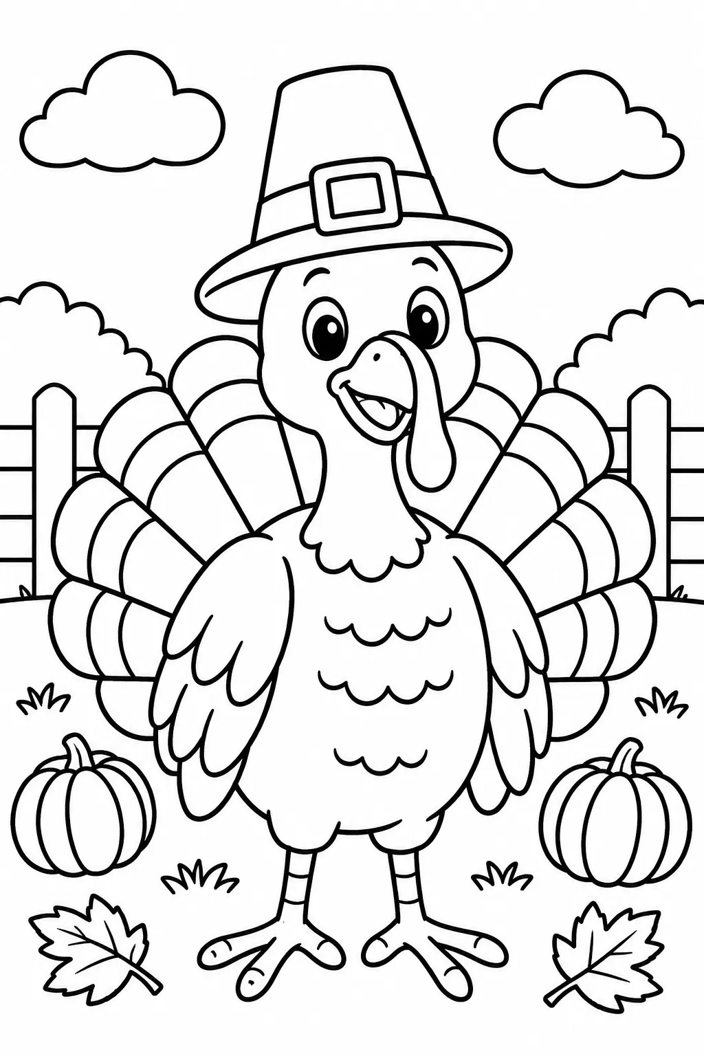 A turkey wearing a pilgrim hat coloring page