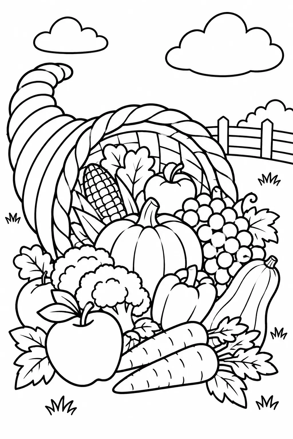 A cornucopia overflowing with fruits and vegetables coloring page