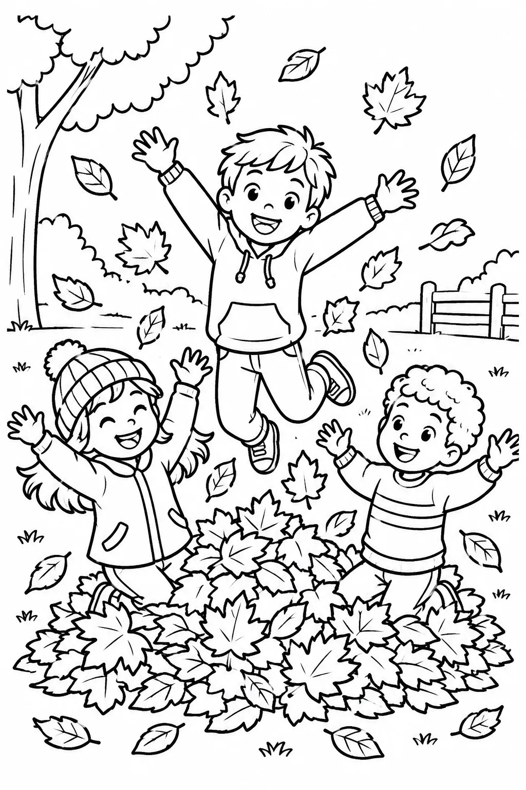 Kids jumping in a pile of autumn leaves coloring page