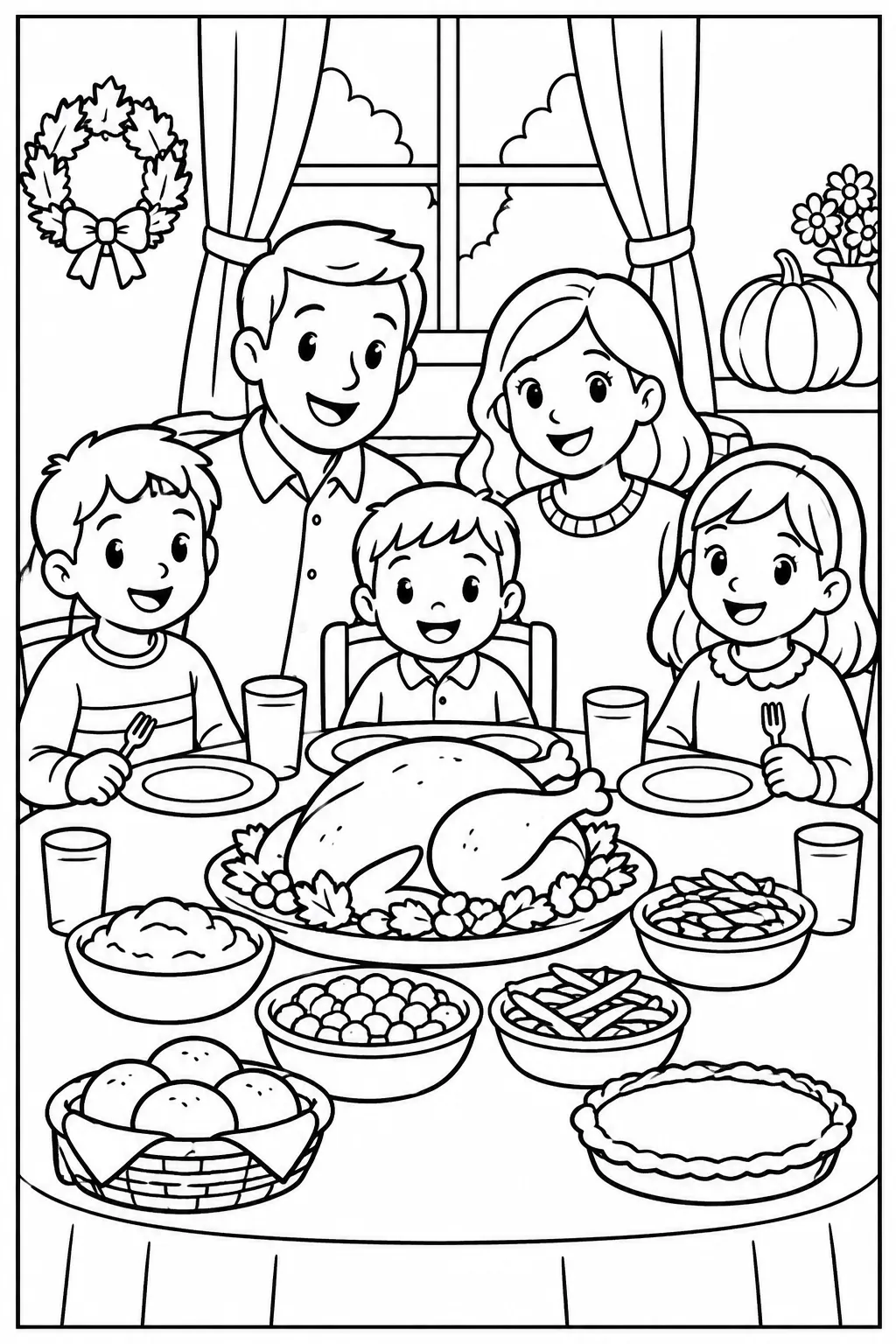 A family sharing a Thanksgiving feast coloring page