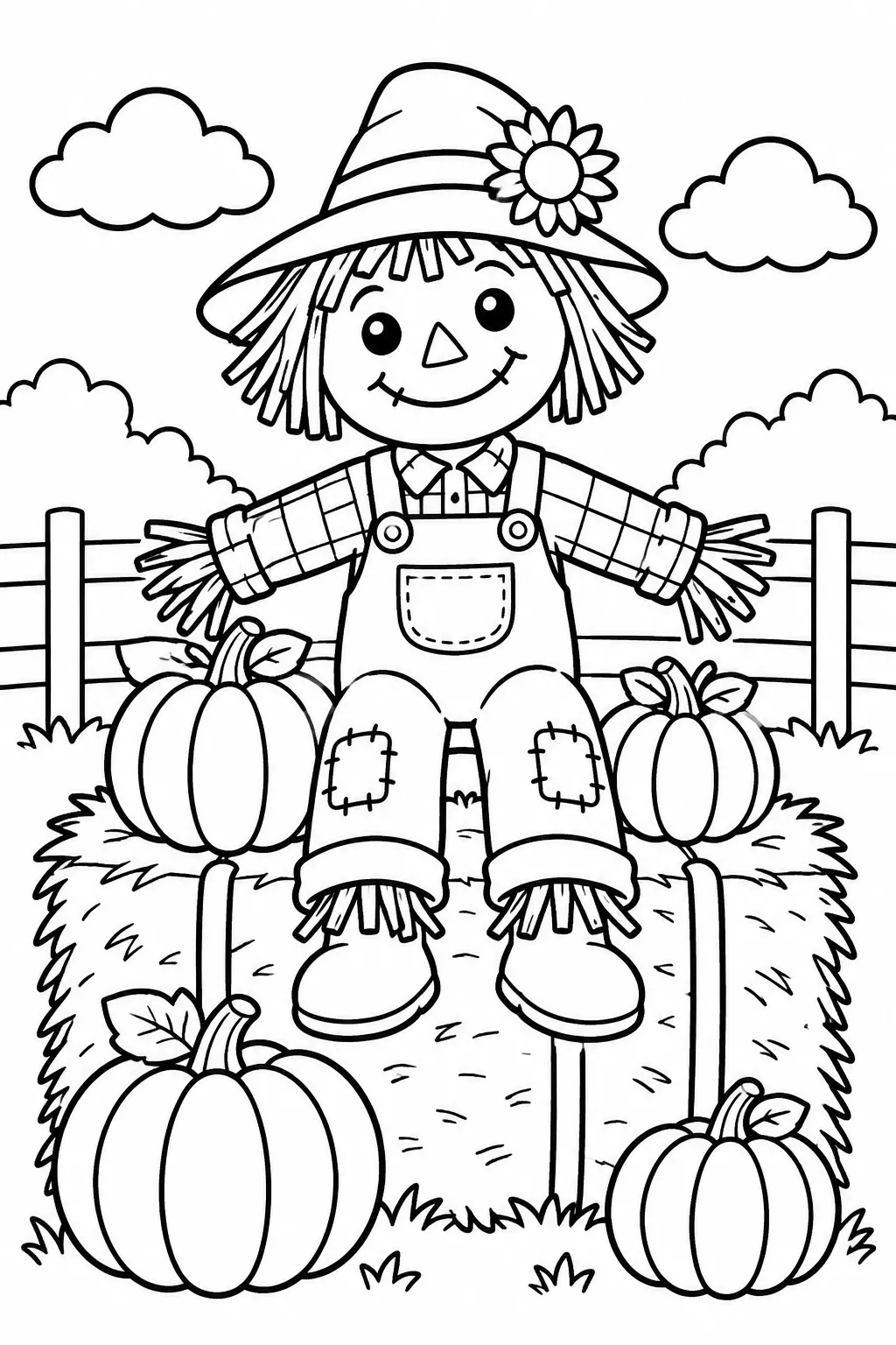 A scarecrow and pumpkins on a hay bale coloring page