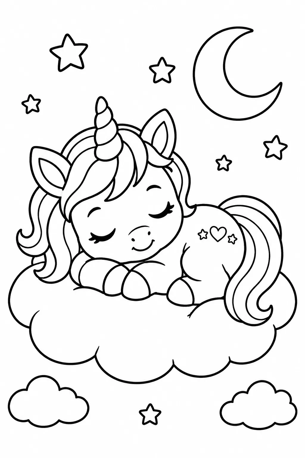 A baby unicorn sleeping on a cloud coloring page