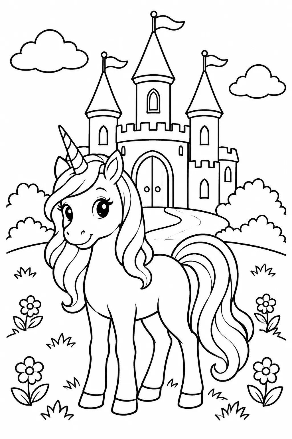 A unicorn in front of a fairy castle coloring page